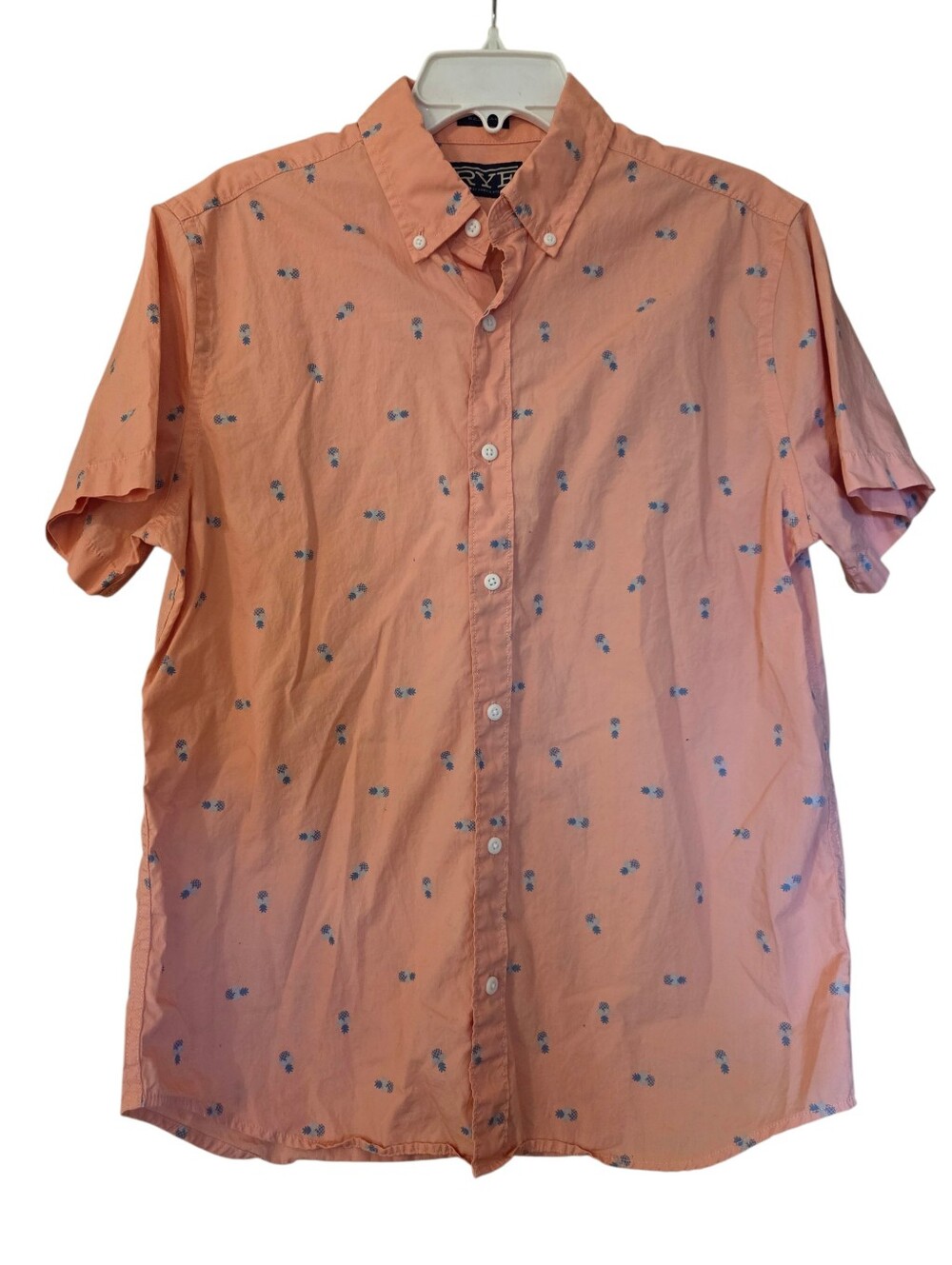 RYE Peach Blue Pattern Short Sleeve Button Cotton Shirt Beach Vaca Size Medium